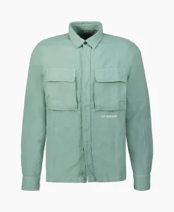 Cp Company Overshirt Broken Linen Cotton Groen