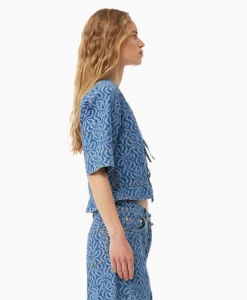 Ganni Blouse Jacquard Denim Flounce Tie Midden Blauw