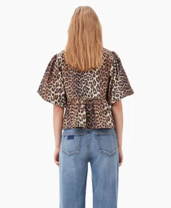 Ganni Blouse Printed Cotton Poplin Peplum Bruin