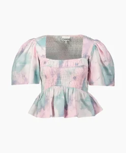 Ganni Blouse Printed Cotton Open-Neck Smock Rose