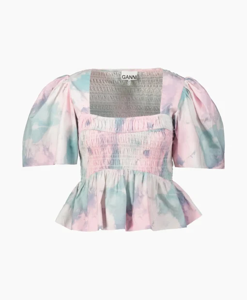 Ganni Blouse Printed Cotton Open-Neck Smock Rose