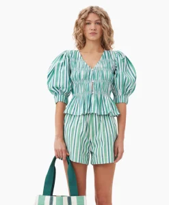 Ganni Blouse Stripe Cotton V-Neck Fitted Groen
