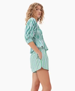 Ganni Blouse Stripe Cotton V-Neck Fitted Groen