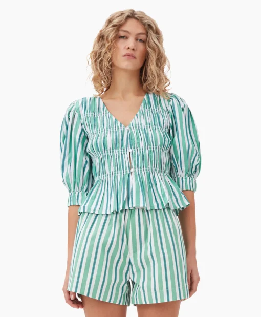 Ganni Blouse Stripe Cotton V-Neck Fitted Groen