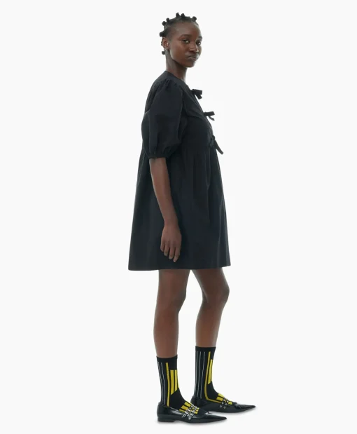 Ganni Mini Jurk Cotton Poplin Tie String Zwart