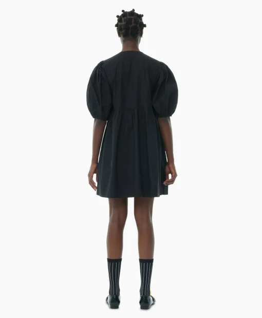 Ganni Mini Jurk Cotton Poplin Tie String Zwart