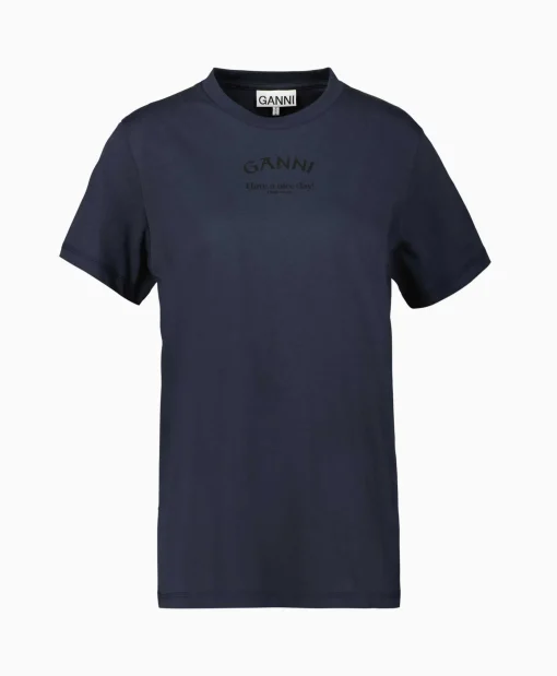 Ganni T-Shirt Korte Mouw Thin Jersey Relaxed O-Neck Donker Blauw