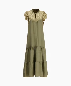 Greek Archaic Kori Maxi Jurk Long New All Over Sleeveless Ruffles Goud