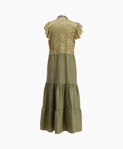 Greek Archaic Kori Maxi Jurk Long New All Over Sleeveless Ruffles Goud