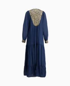 Greek Archaic Kori Maxi Jurk Long New All Over Cotton Donker Blauw