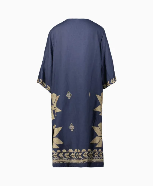 Greek Archaic Kori Midi Jurk Aeolis V-Neck Donker Blauw