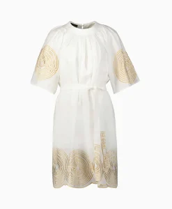 Greek Archaic Kori Mini Jurk Short Labyrinth Bell Sleeve Wit