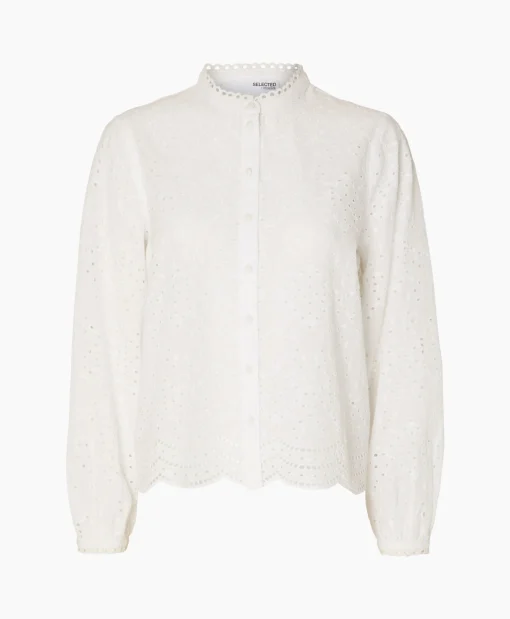 Selected Femme T-Shirt Korte Mouw Tatiana L/S Embr Shirt Noos Wit